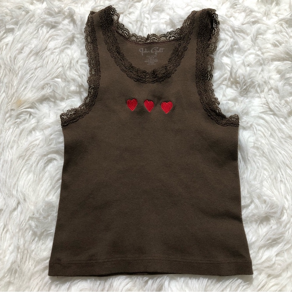 Brandy Melville crop tank top RARE Brown Lace trim embroidered hearts spring